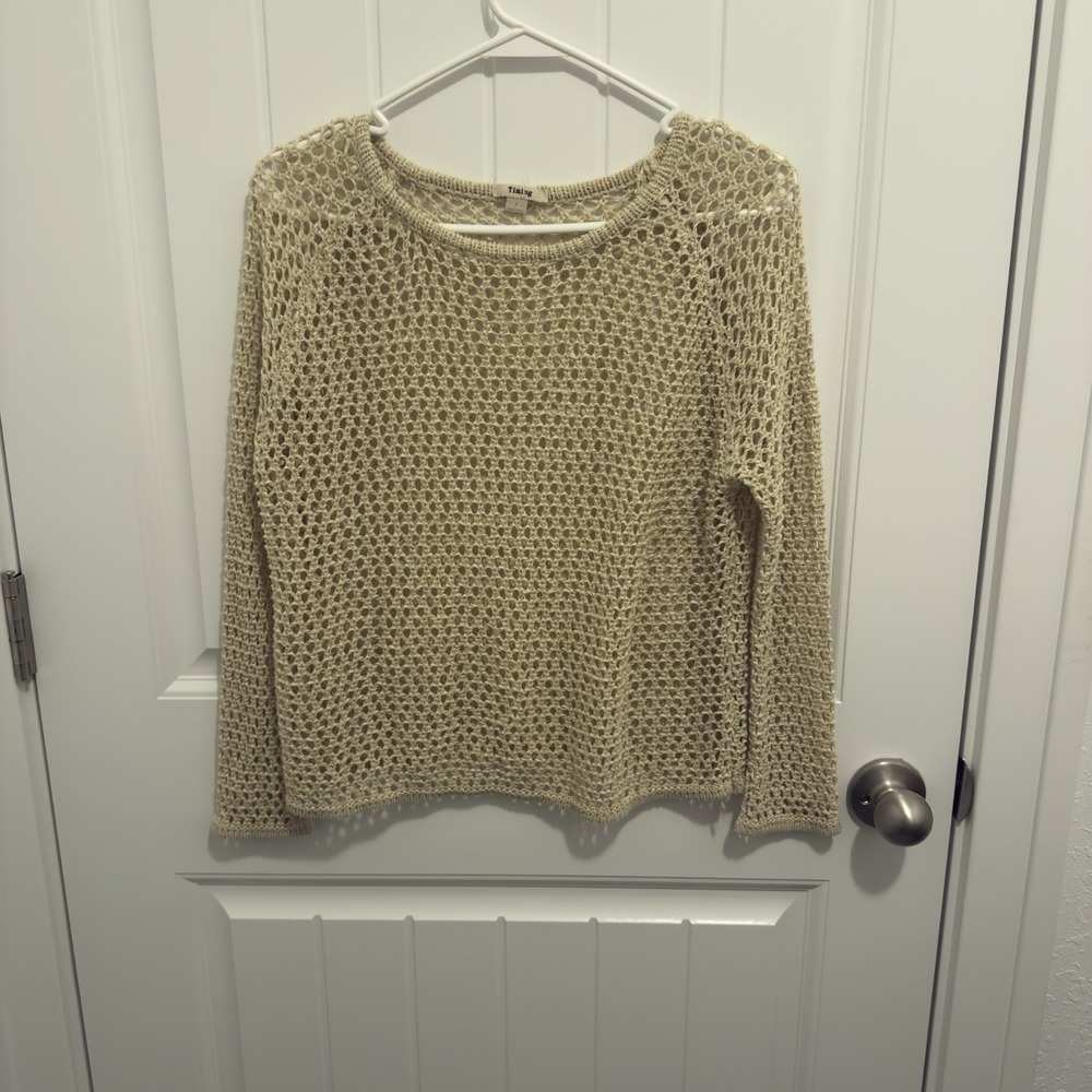 Timing Women's Crochet See Through Ivory Tan Long Sleeve Top Size Large‎